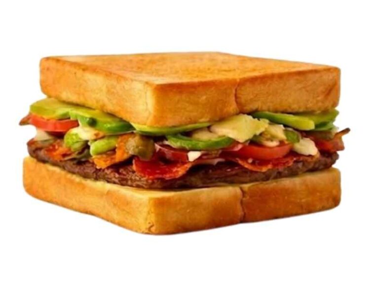 Avocado Bacon Burger with fresh sliced avocado, crispy bacon, melted Monterey Jack cheese, and special sauce – 815 calories