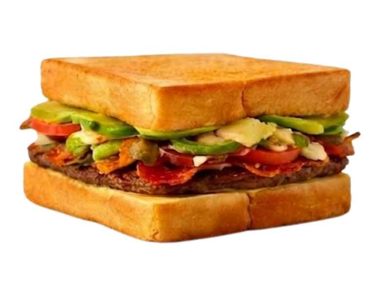 Avocado Bacon Burger with fresh sliced avocado, crispy bacon, melted Monterey Jack cheese, and special sauce – 815 calories