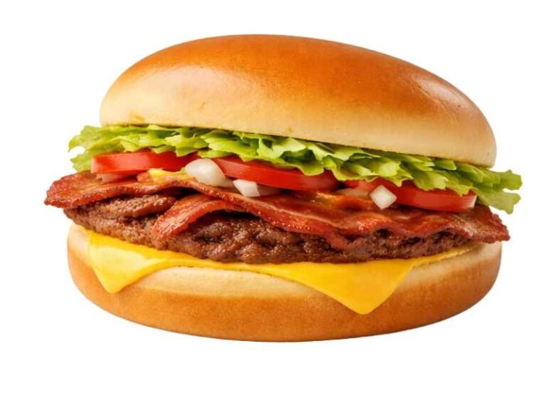 Bacon and Cheese Whataburger with crispy bacon, melted American cheese, and classic toppings on a toasted bun – 750 calories