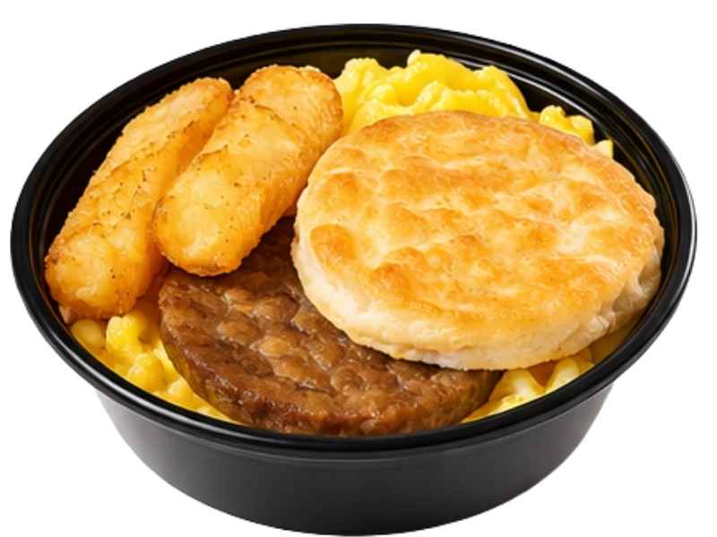 Breakfast Bowl price $2.74 with calories not listed scrambled eggs sausage cheese and hash browns in a bowl