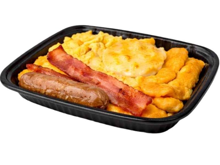 Breakfast Platter price $5.19 with 615 calories scrambled eggs sausage hash browns and a biscuit