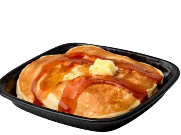 Pancakes price $3.49 with 630 calories three fluffy pancakes with syrup