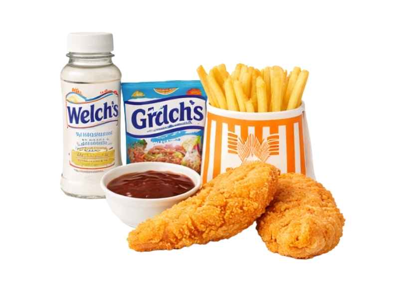 Whatachick'n Strips 2 pieces price $5.39 with 300 calories crispy chicken strips kids portion