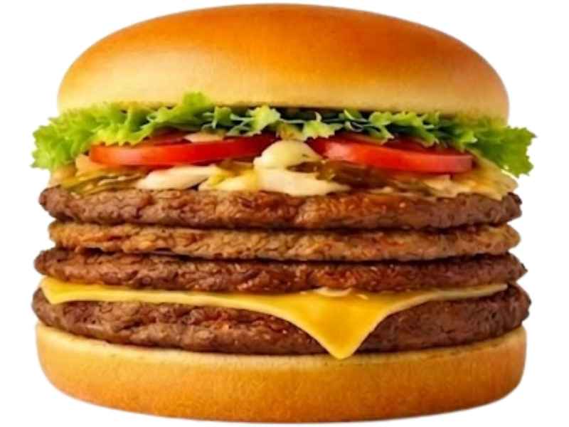 Triple Meat Whataburger with three beef patties lettuce tomatoes pickles onions mustard on a toasted bun