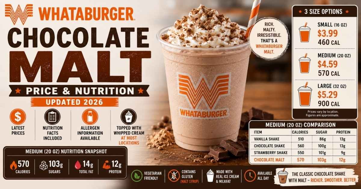 Whataburger Chocolate Malt with price, calories, nutrition facts, and size options (Updated 2026).