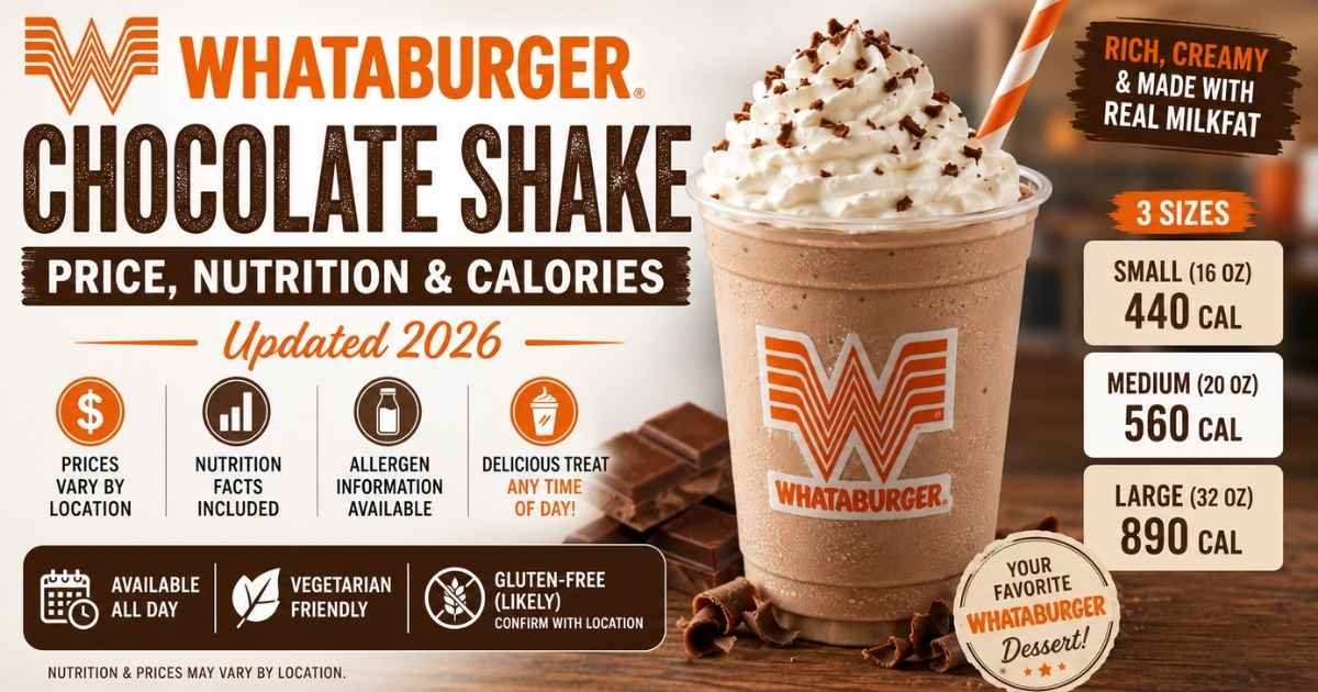 Whataburger Chocolate Shake with latest 2026 price, calories, nutrition facts, and size options.
