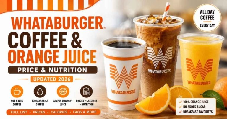 Whataburger hot coffee, iced coffee, and Simply Orange Juice with 2026 prices, calories, and nutrition guide.
