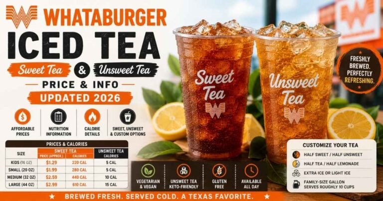 Whataburger Iced Tea (Sweet & Unsweet) with prices, calories, and size options for the updated 2026 menu.