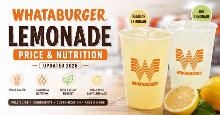 Whataburger Regular and Light Lemonade with 2026 price, calories, nutrition facts, and drink comparison guide.