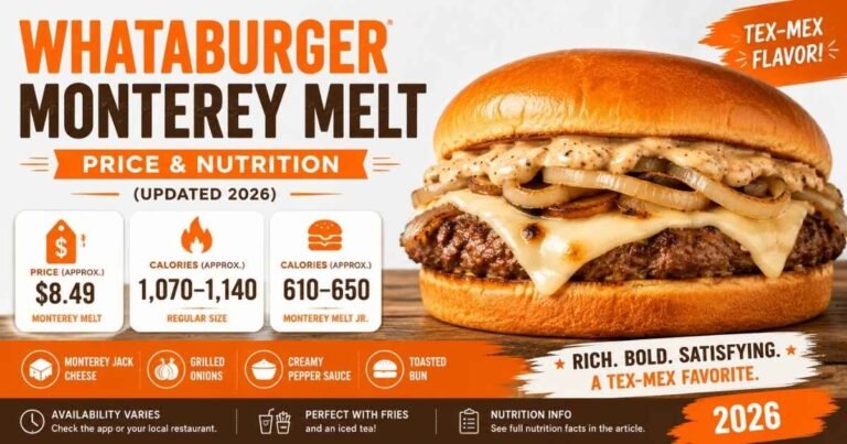 Whataburger Monterey Melt burger with Monterey Jack cheese, grilled onions, creamy pepper sauce, price and nutrition guide 2026.