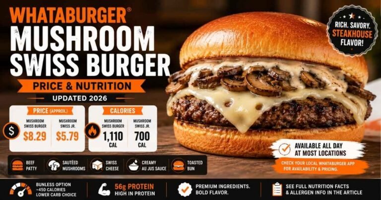 Whataburger Mushroom Swiss Burger with Swiss cheese, sautéed mushrooms, creamy au jus sauce, price and nutrition guide 2026.