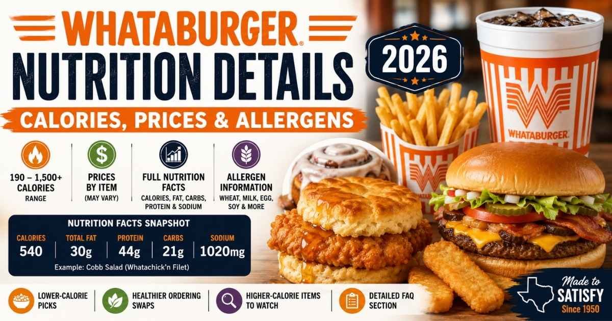 Whataburger Nutrition Details 2026 showing calories, prices, nutrition facts, allergens, and popular menu items.