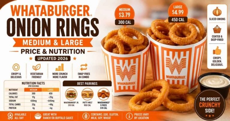 Whataburger Medium and Large Onion Rings with 2026 prices, calories, nutrition facts, and crispy side comparison.