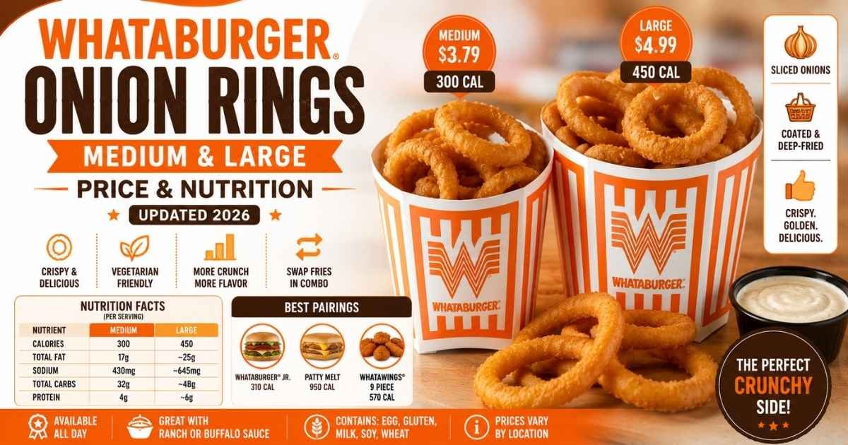 Whataburger Medium and Large Onion Rings with 2026 prices, calories, nutrition facts, and crispy side comparison.