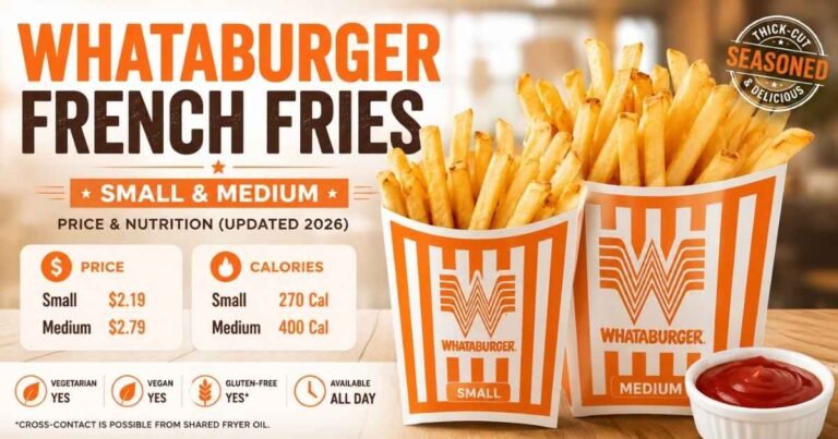 Whataburger Small and Medium French Fries with updated 2026 prices, calories, nutrition facts, and thick-cut seasoned fries.