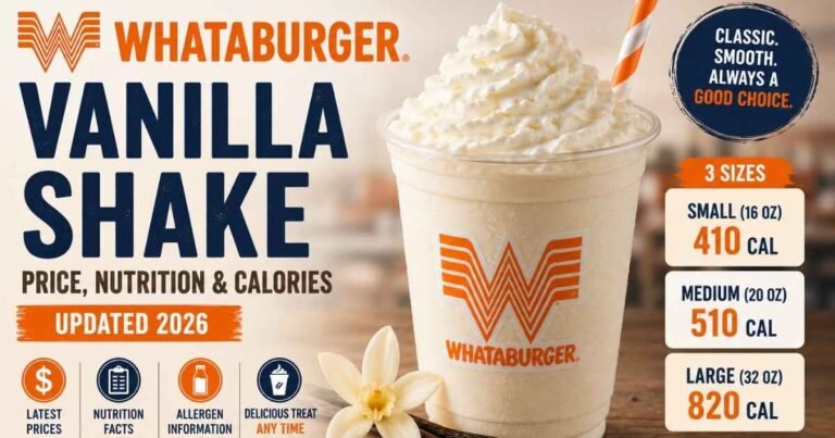 Whataburger Vanilla Shake with 2026 prices, calories, nutrition facts, allergens, and size comparison.