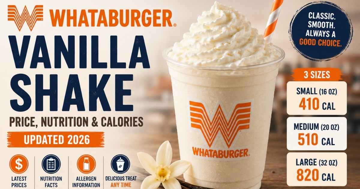 Whataburger Vanilla Shake with 2026 prices, calories, nutrition facts, allergens, and size comparison.