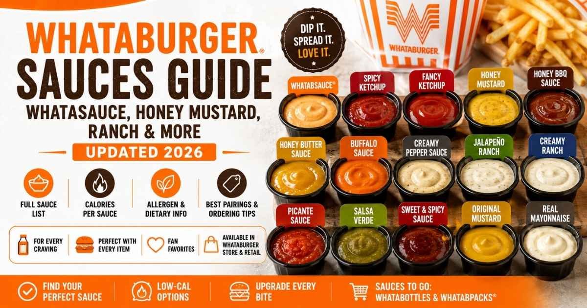 Whataburger sauces guide featuring Whatasauce, Spicy Ketchup, Honey Mustard, Ranch, BBQ, Buffalo, and other dipping sauces with calories and nutrition.
