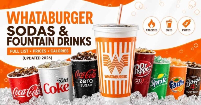 Whataburger fountain drinks menu featuring Coca-Cola, Dr Pepper, Sprite, Fanta, Diet Coke, prices, calories, and sizes.