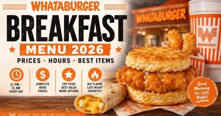 Whataburger Breakfast Menu 2026 featuring Honey Butter Chicken Biscuit, prices, breakfast hours, and best breakfast items