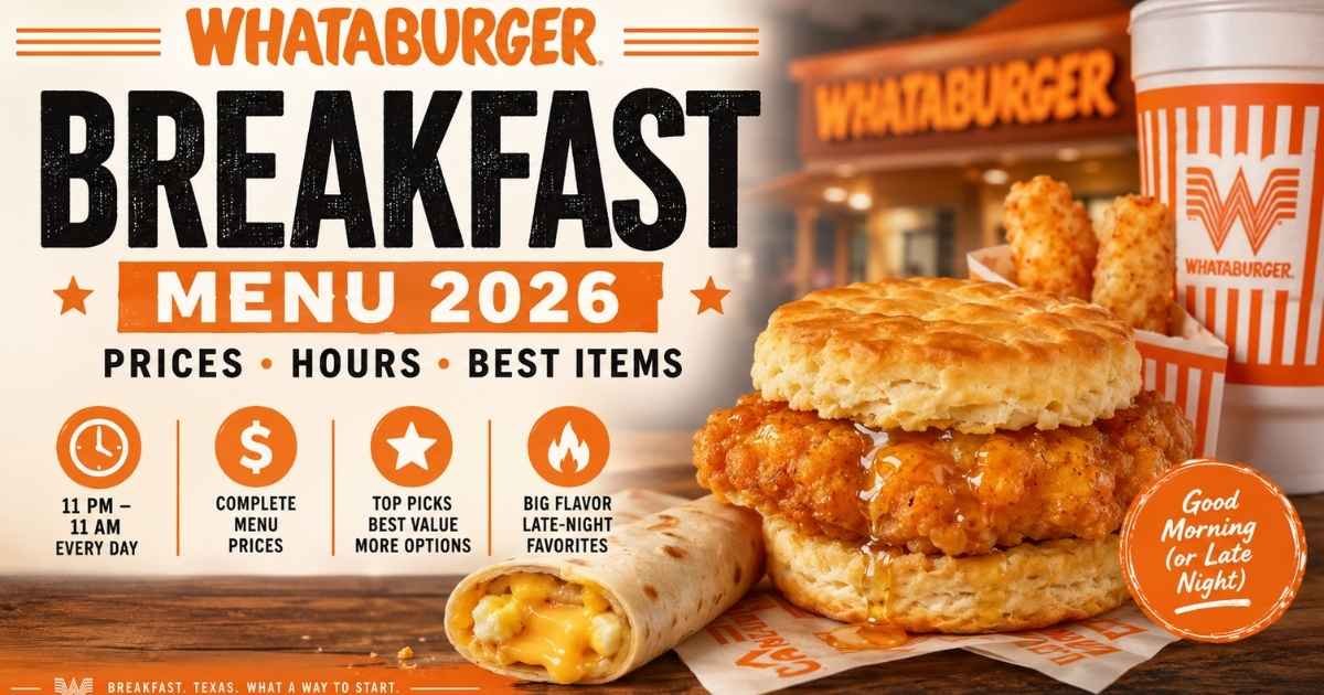Whataburger Breakfast Menu 2026 featuring Honey Butter Chicken Biscuit, prices, breakfast hours, and best breakfast items