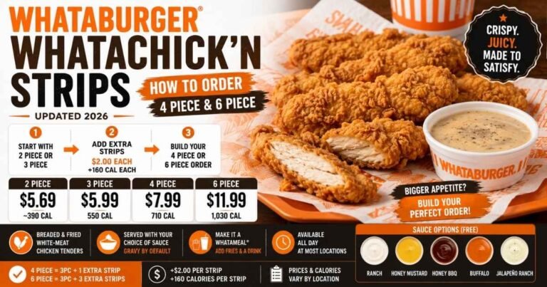 How to order Whataburger Whatachick'n Strips 4 Piece and 6 Piece with prices, calories, nutrition facts, and dipping sauces (2026).
