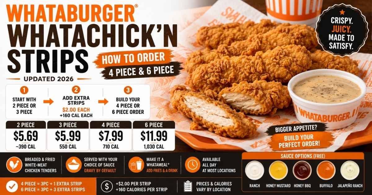 How to order Whataburger Whatachick'n Strips 4 Piece and 6 Piece with prices, calories, nutrition facts, and dipping sauces (2026).