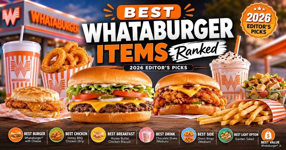 Best Whataburger items ranked for 2026 featuring burgers, chicken sandwiches, breakfast, shakes, onion rings, fries, and salads.