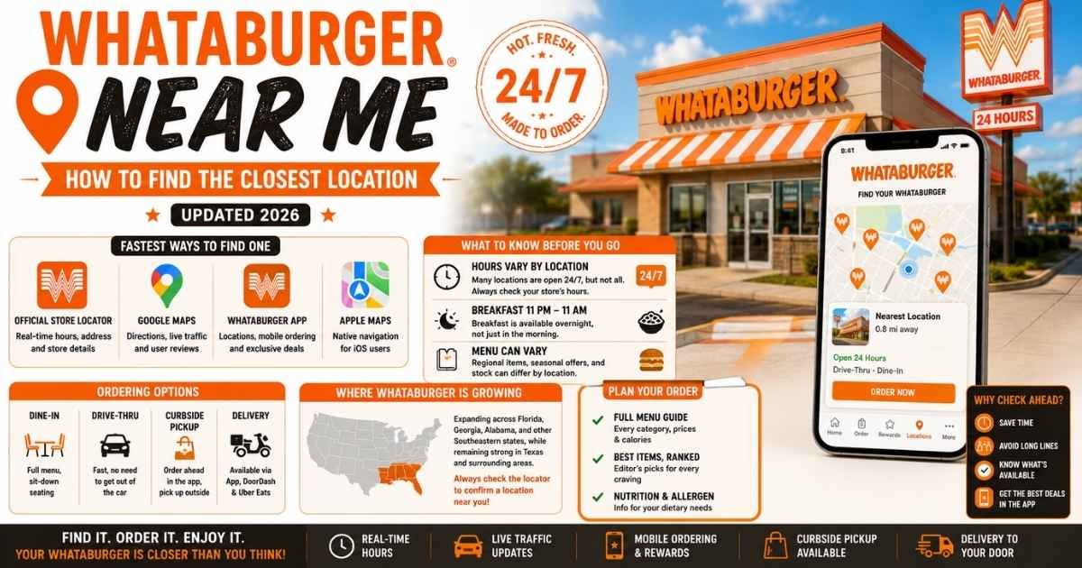 Whataburger Near Me guide showing store locator, nearby locations, map, hours, directions, and ordering options for 2026.